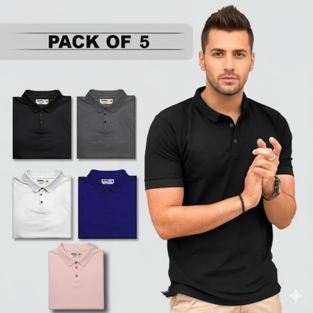 Poly Matte Solid Half Sleeves Mens Polo T-Shirt Pack Of 5